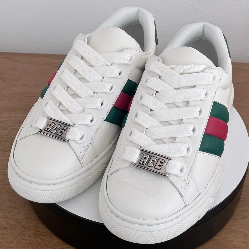 Gucci Ace White Leather Web Stripe Sneakers Green Croc Heel 791394 Mens UK 9